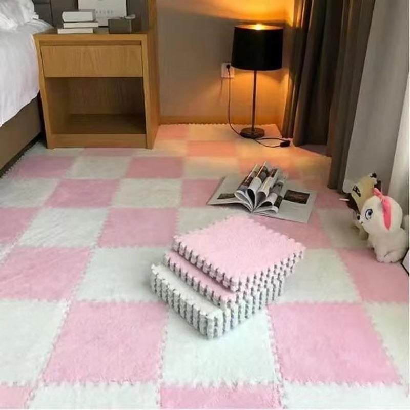 Typutomi 12pcs Plush Puzzle Foam Floor Mat, Cute Soft Fluffy Interlocking Square Foam Tiles Area Rugs Carpet for Parlor Bedroom Decoration(11.8x11.8x0.4in, Pink&White) - Image 5